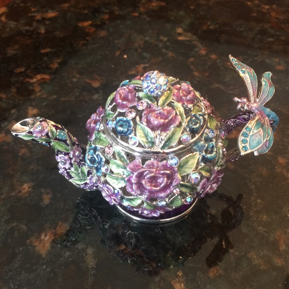 Enamel Teapot Keepsake Box W/ Dragonfly Handle